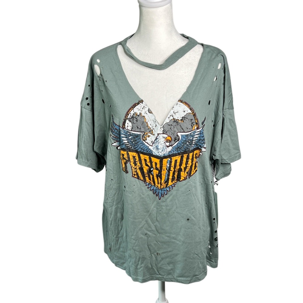 Iris Distressed Graphic‎ T-Shirt Eagle Cut Out Neck Short Sleeve Top 1XL